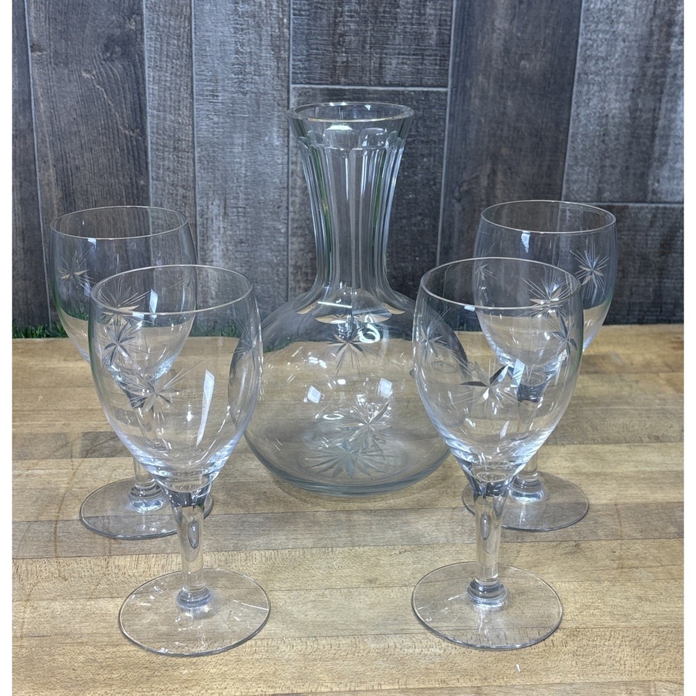 Vintage Fostoria Atomic Starburst 5pc Decanter Glass Set MCM Manganese